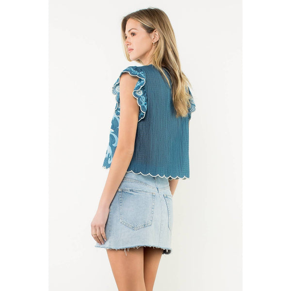 Embroidered Flutter Sleeve Scallop Top