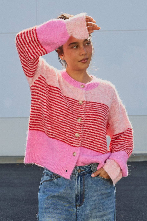 Striped Fuzzy Knit Volume Sleeve Cardigan