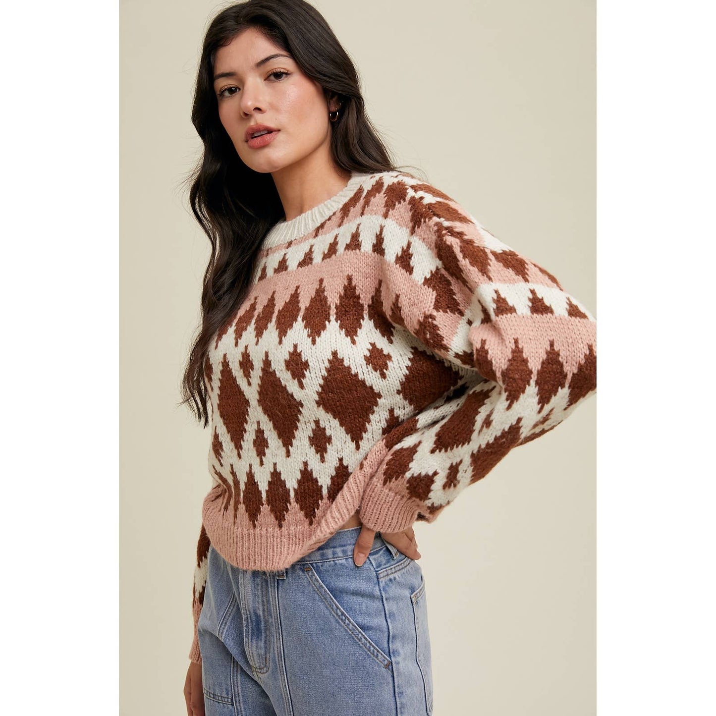 Cozy jacquard sweater- chocolate/rose