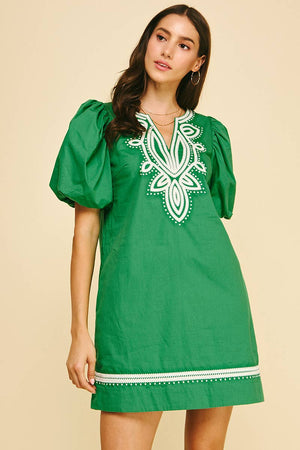 Embroidered Detail Mini Dress - Green
