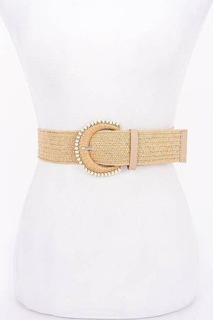 Raffia Woven Belt with Pearl-Trimmed Buckle