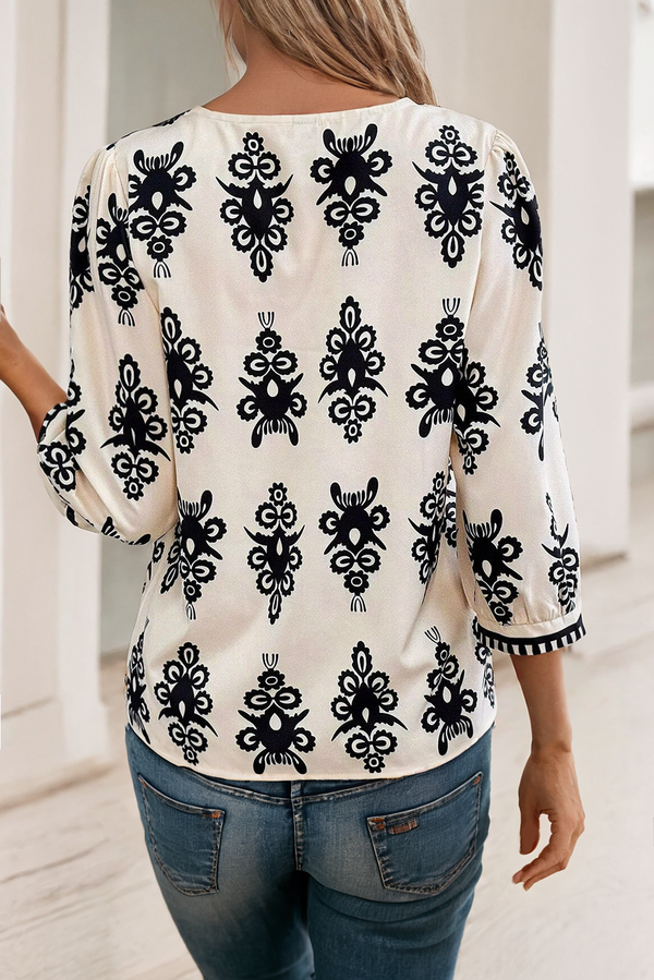LDC Vintage Printed 3/4 Sleeve V Neck Blouse