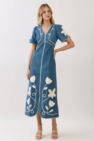 Floral Appliqué Contrast Trim Midi Dress