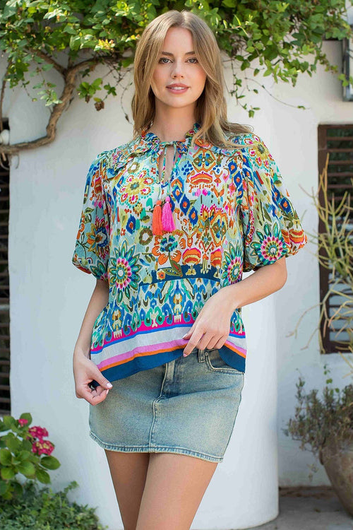 Smocked Shoulder Tassel Tie Print Top