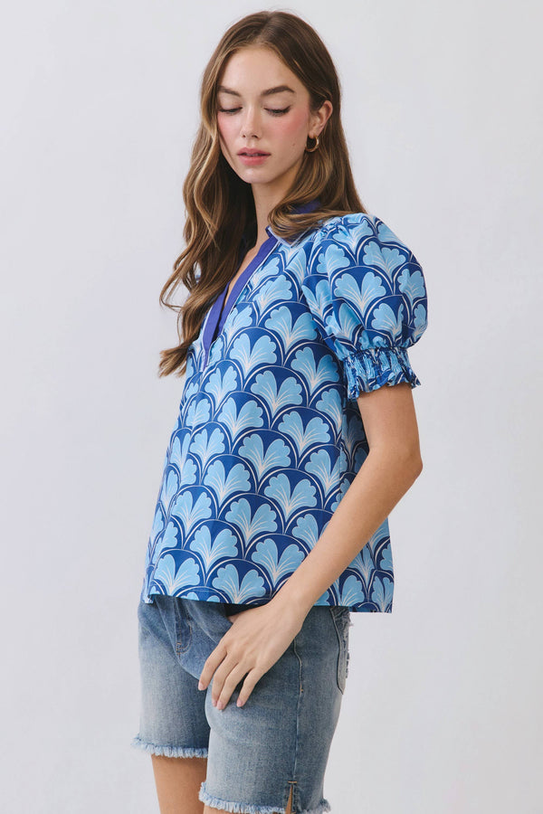 Geometric Print Contrast Collar Puff Sleeve Blouse