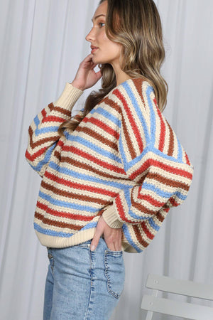 Textured Multi Stripe Crew Neck Knitted Sweater