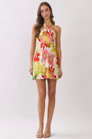 Tropical Floral Print Halter Mini Dress