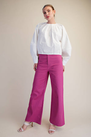 Balloon Poplin Shirt With Round Pleated Neck