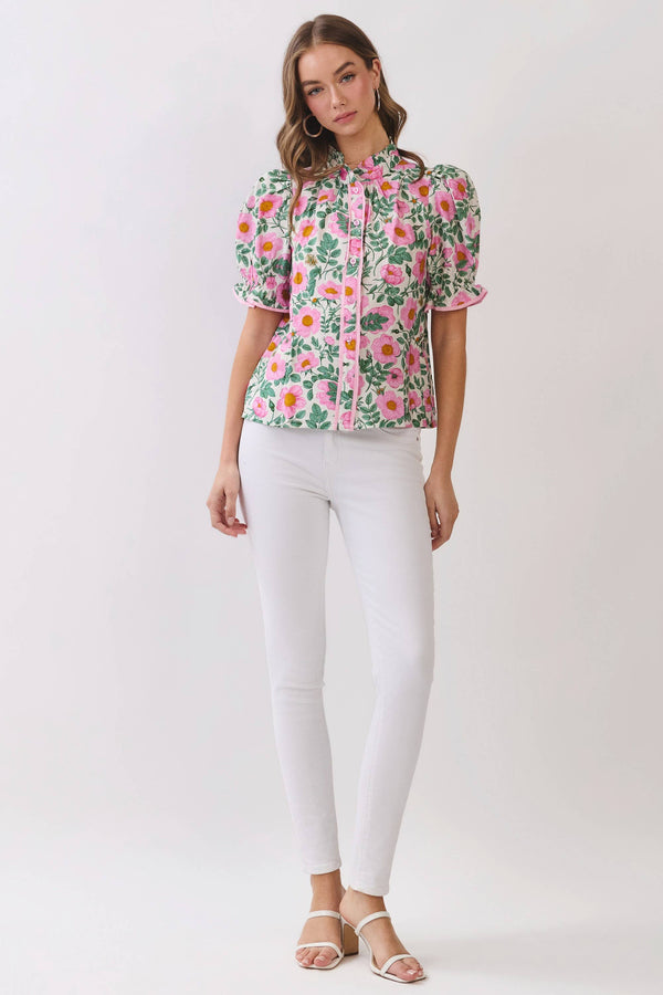Floral Print Button Down Puff Sleeve Blouse