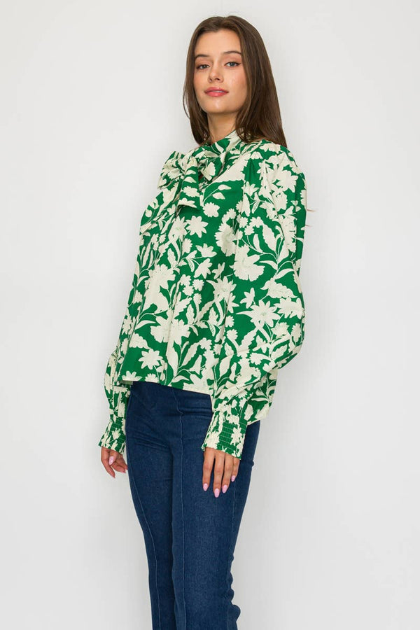 Rich Green Jacobean Print Bow Tie  Blouse