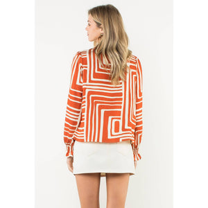 Abstract Print Long Sleeve V-Neck Top