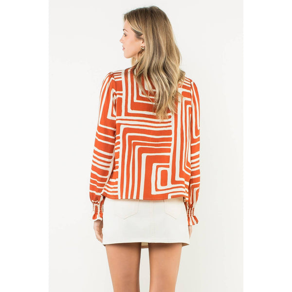 Abstract Print Long Sleeve V-Neck Top