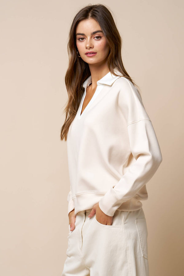 Contrast Collared V Neck Top
