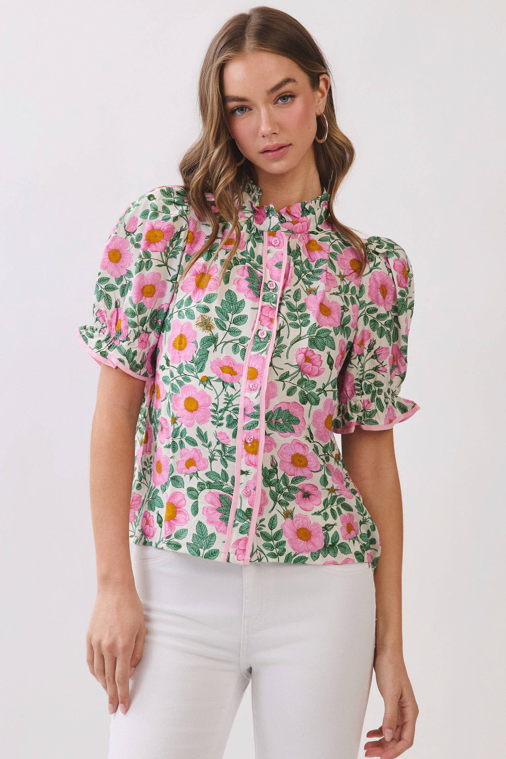 Floral Print Button Down Puff Sleeve Blouse