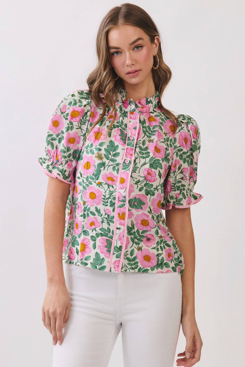 Floral Print Button Down Puff Sleeve Blouse