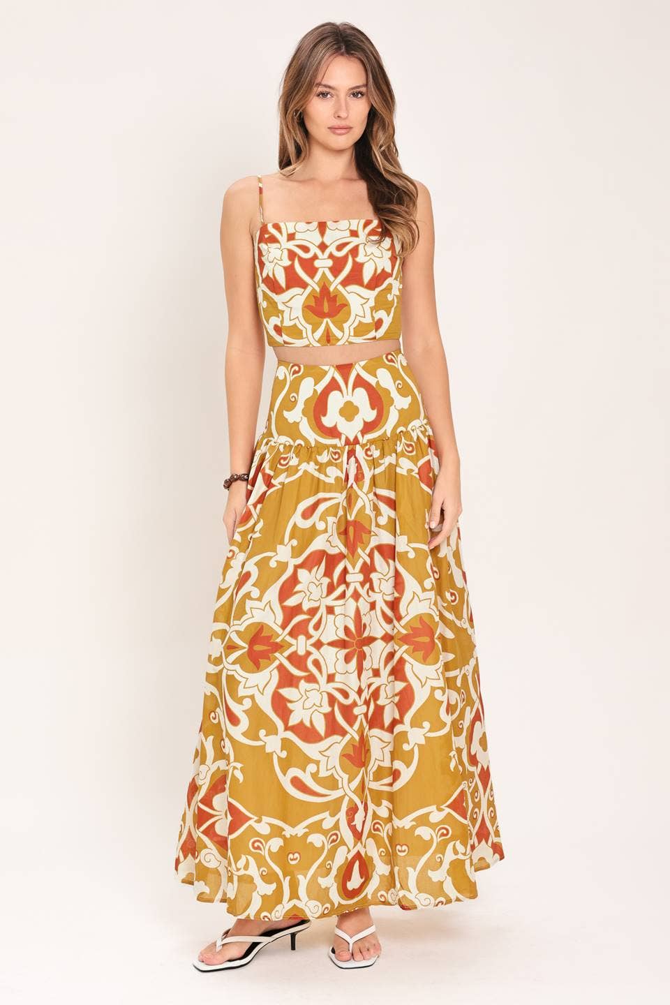 A Printed Woven Top and Skirt Set