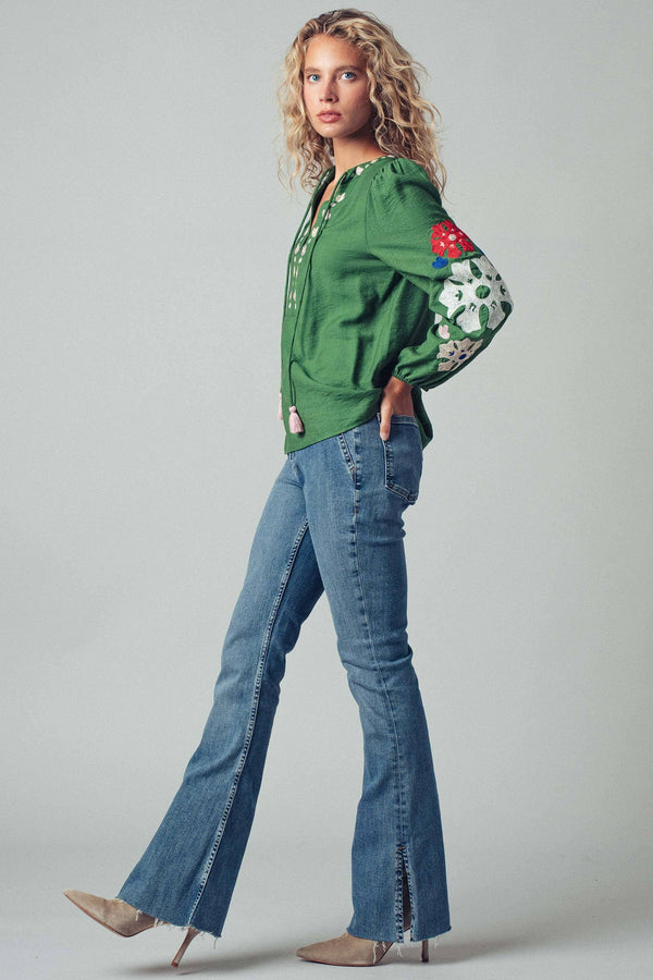 Embroidered Tassel Tie Blouse
