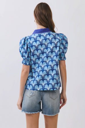 Geometric Print Contrast Collar Puff Sleeve Blouse