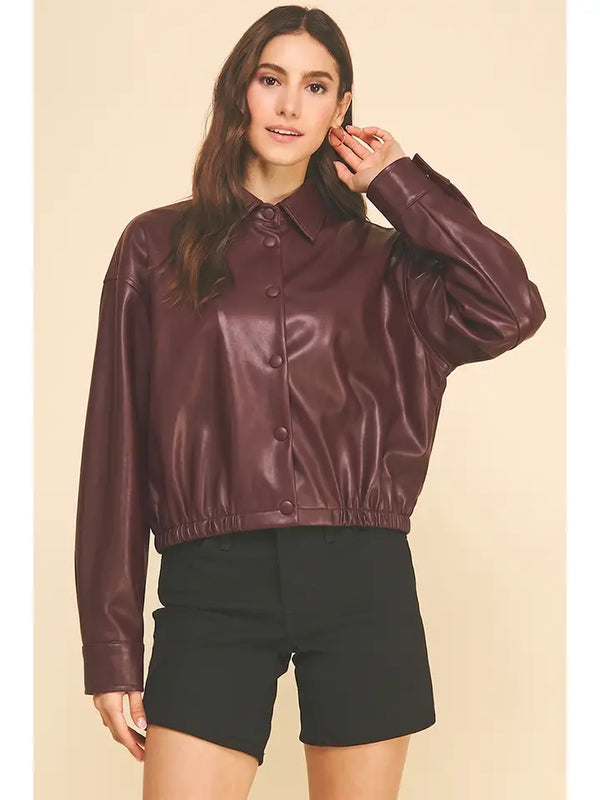 Cropped Faux Leather Bomber Jacket