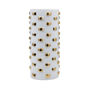 Vase - White/Gold Ceramic Raised Rectangular Stud, 11 in.