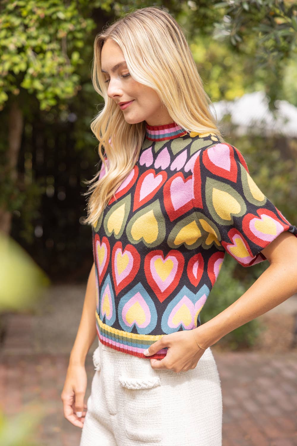 36945 Short Bubble Sleeve Heart Print Knit Top