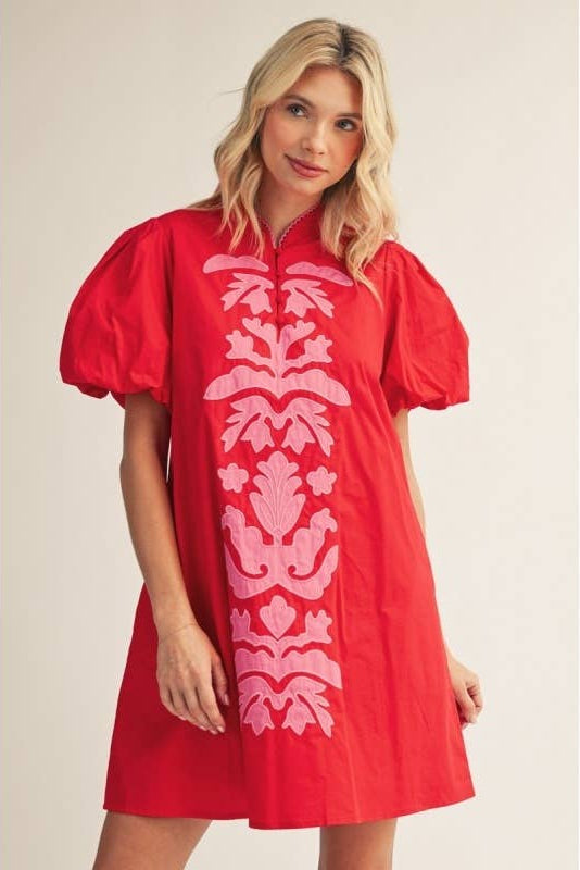 Baroque Floral Applique Solid Shift Dress