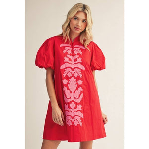 Baroque Floral Applique Solid Shift Dress