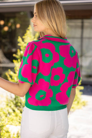 V-Collared Ribbed Floral Knit Top
