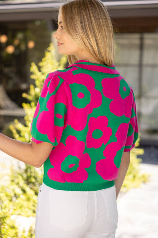 V-Collared Ribbed Floral Knit Top
