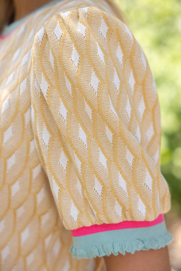 Stripe Band Detailed Geo Textured Knit Top