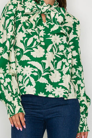 Rich Green Jacobean Print Bow Tie  Blouse