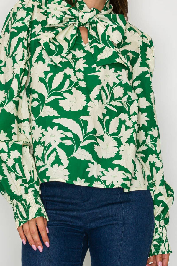 Rich Green Jacobean Print Bow Tie  Blouse
