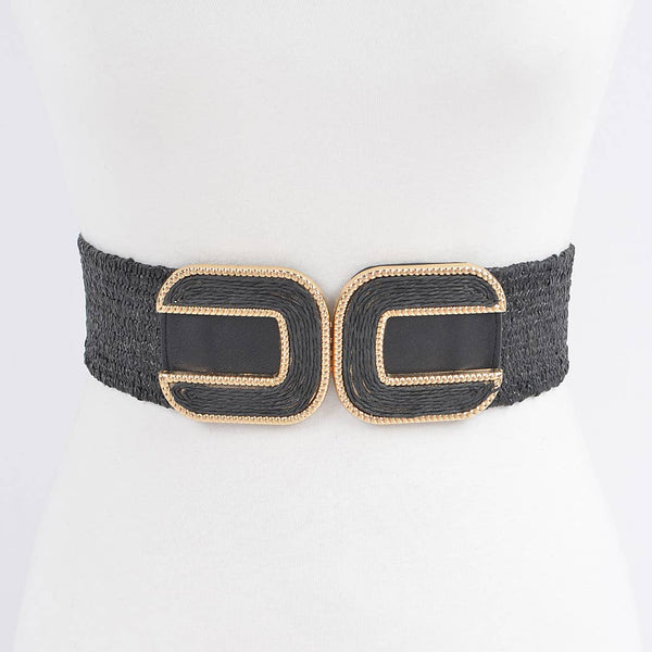 Faux Straw Two Buckles Elastic Belt
