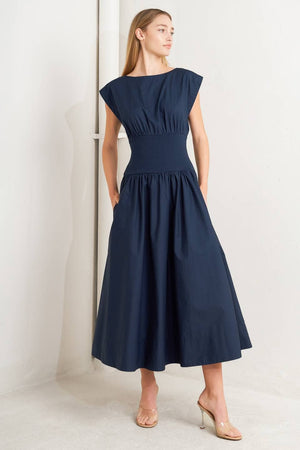 A Solid Woven Midi Dress - Navy