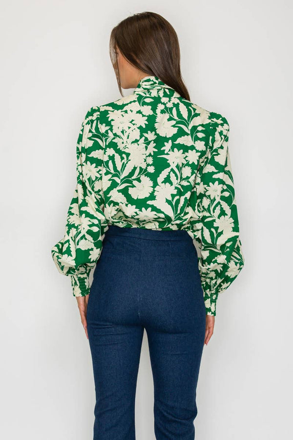 Rich Green Jacobean Print Bow Tie  Blouse