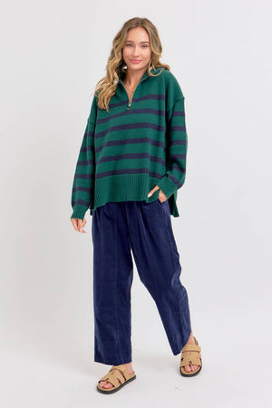 Stripe Knit Zip-Front Oversized Knit Sweater