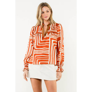 Abstract Print Long Sleeve V-Neck Top