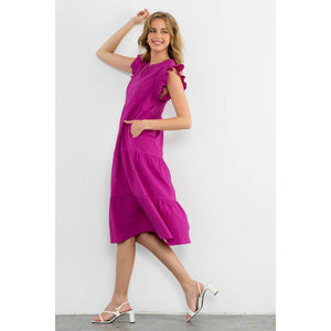 Ruffle Sleeve Tiered Dress- Fuschia