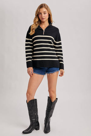 Black/White Quarter Zip UP Striped Pullover