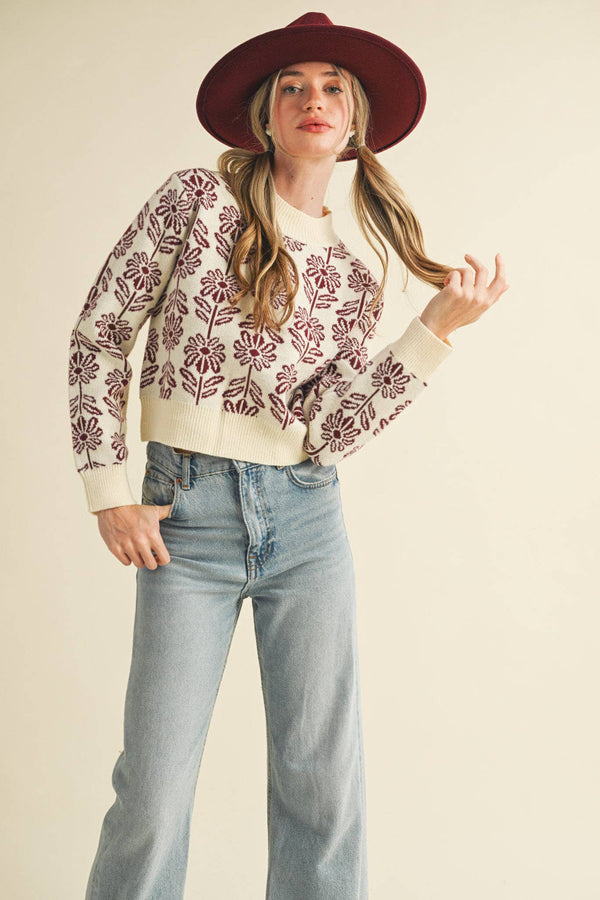 Floral Pattern Knit Sweater