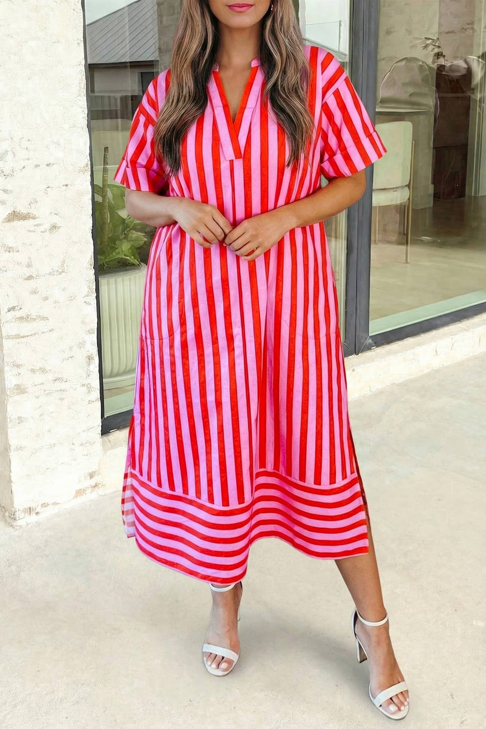 Stripe V Neck Cuffed Sleeve Maxi Dress