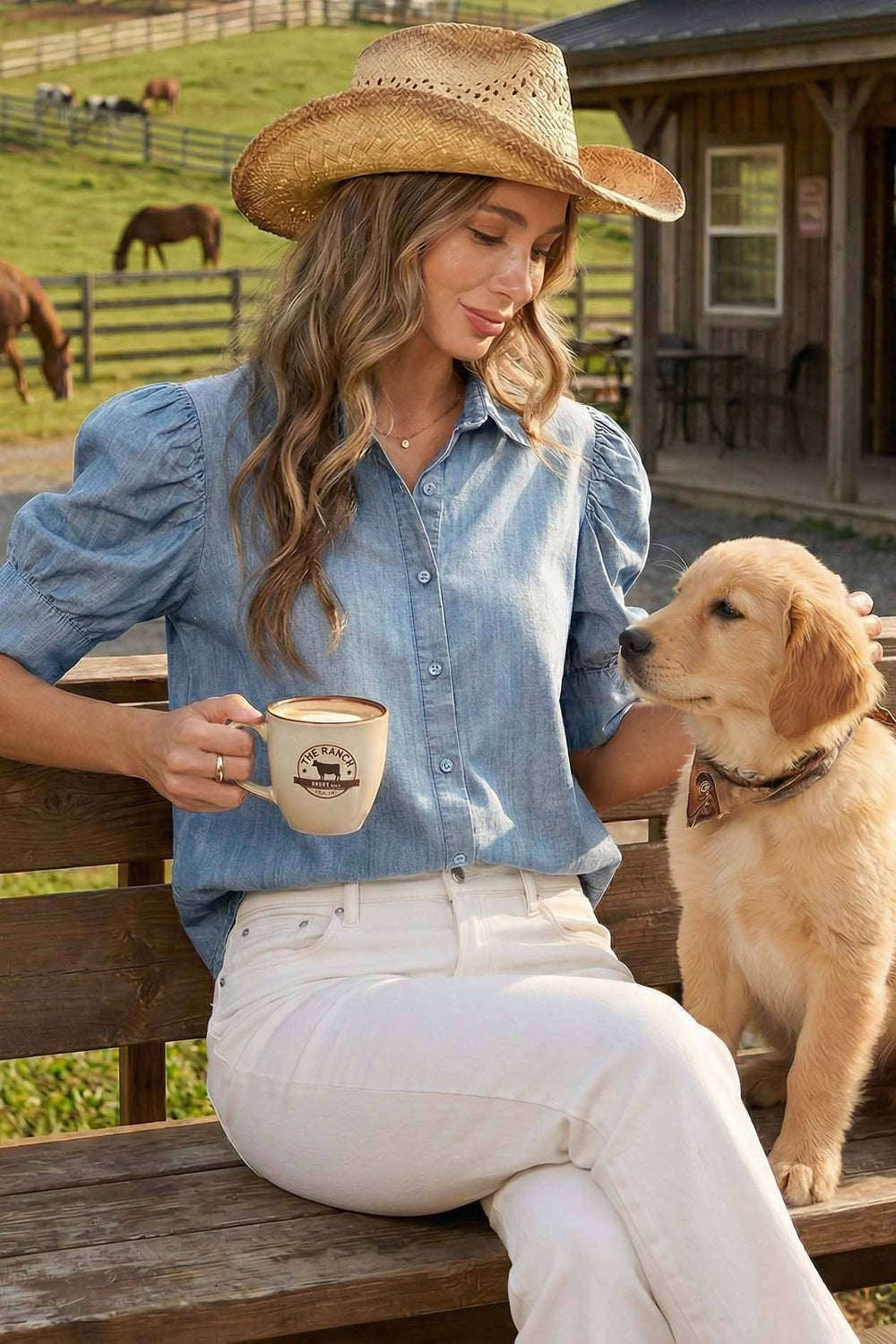 Collared Puff-Sleeve Chambray Denim
