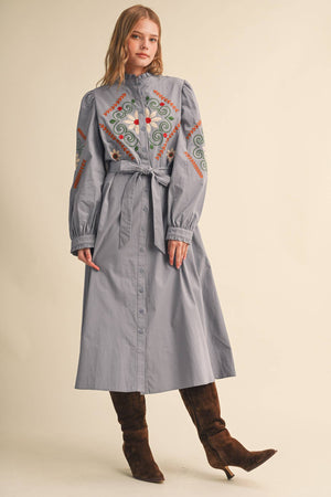 Floral Embroidery Button Up Dress