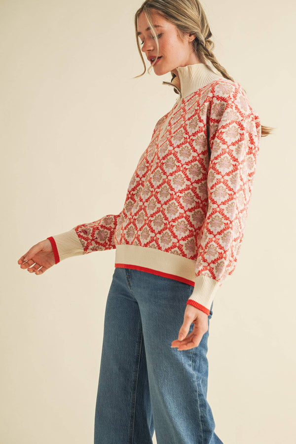 Floral Mock Neck Half Zip Pullover