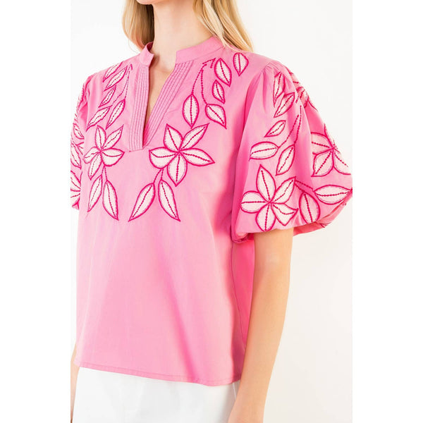 Embroidered Puff Sleeve Split Neck Top