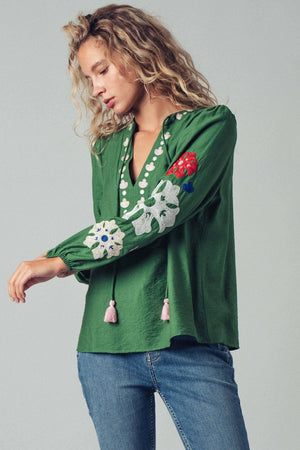 Embroidered Tassel Tie Blouse