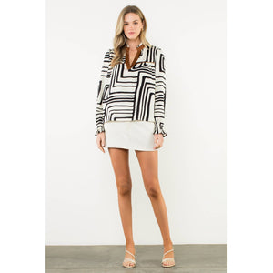 Abstract Print Long Sleeve V-Neck Top