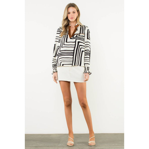 Abstract Print Long Sleeve V-Neck Top