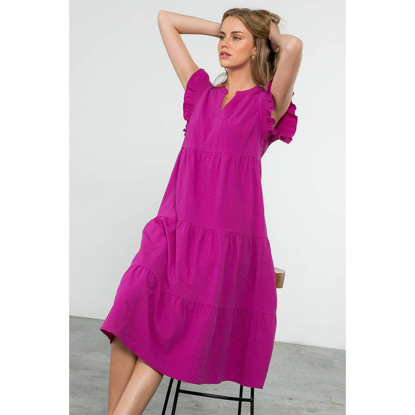Ruffle Sleeve Tiered Dress- Fuschia