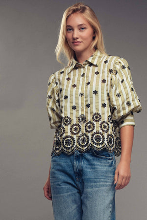 Striped Floral Embroidered Scallop Blouse